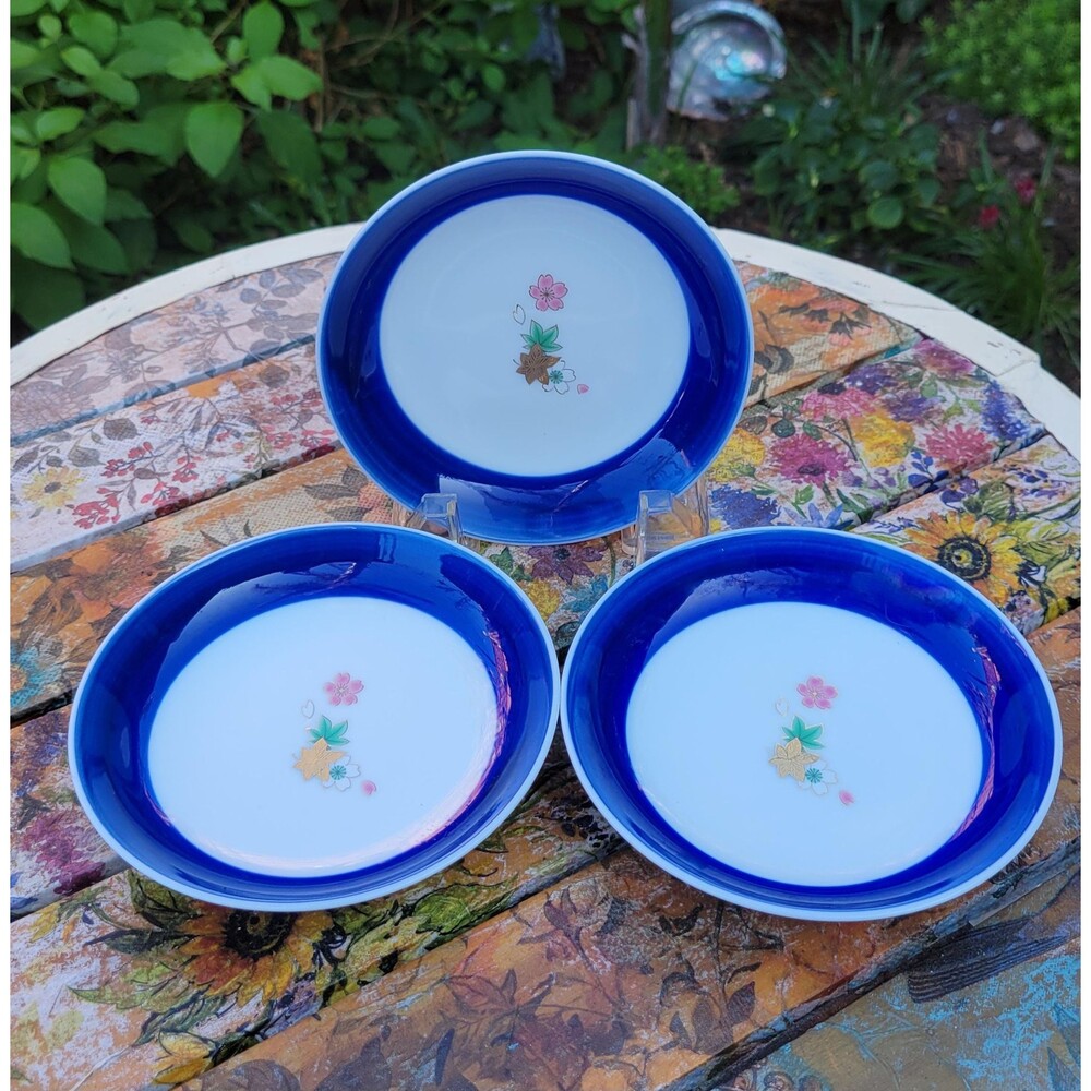 Blue Rimmed  Japanese Cherry Blossoms Porcelain Bowls - Set of 3